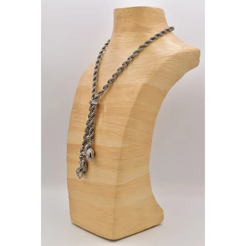 Vintage Chunky Statement Lariat Necklace Collar Charm Dangle Silver 1960s BinBE